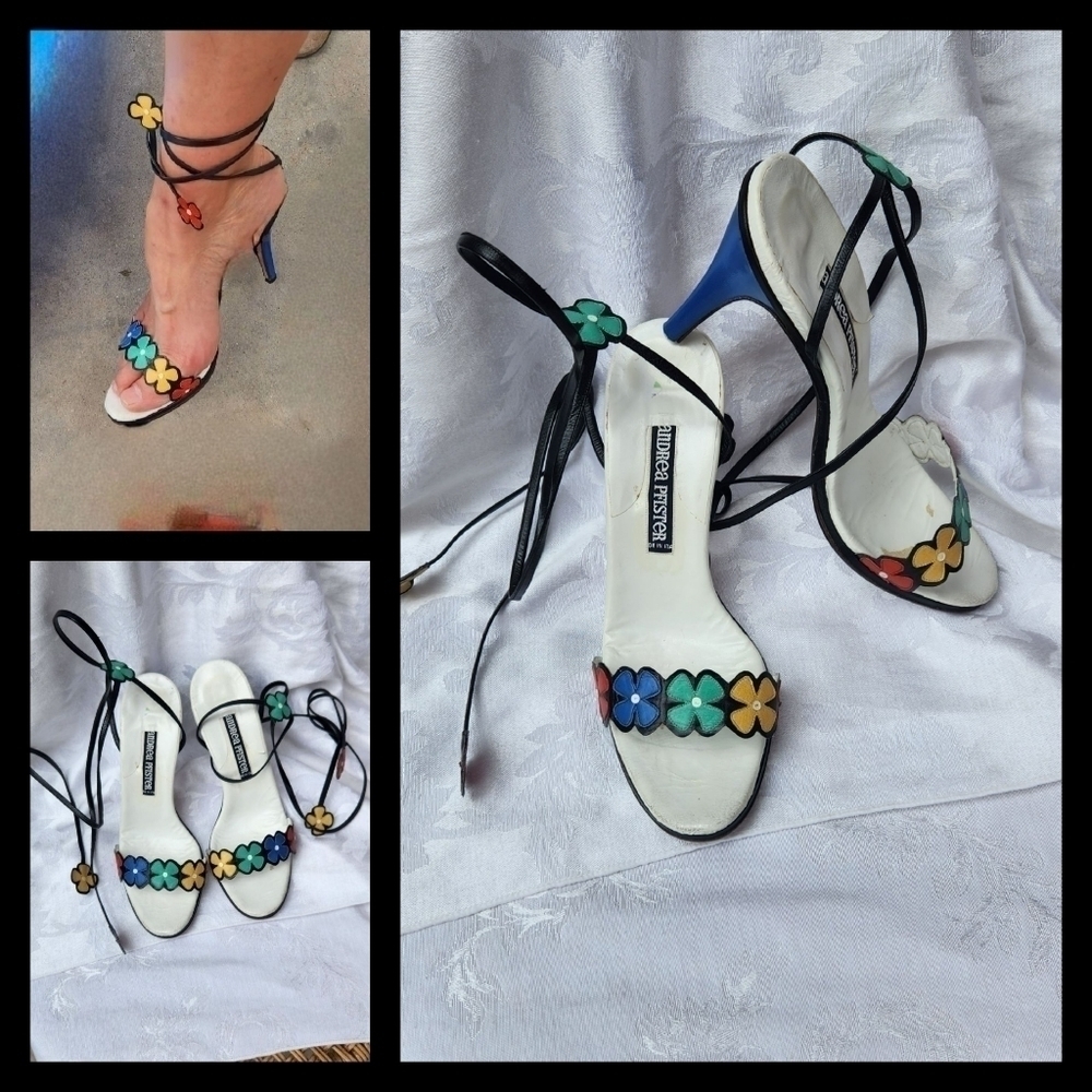 RARE VINTAGE 70s ANDREA PFISTER TIE UP FLOWER HEEL - Picture 1 of 8